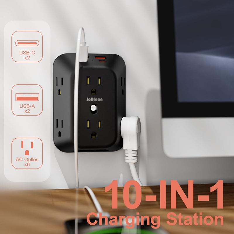موزع طاقة مع شاحن حائط USB، واقي من زيادة التيار، مقسم 6 مخارج مع 4 منافذ USB، شريط طاقة رباعي الجوانب 1050J مع محول متعدد المخارج - Image 2