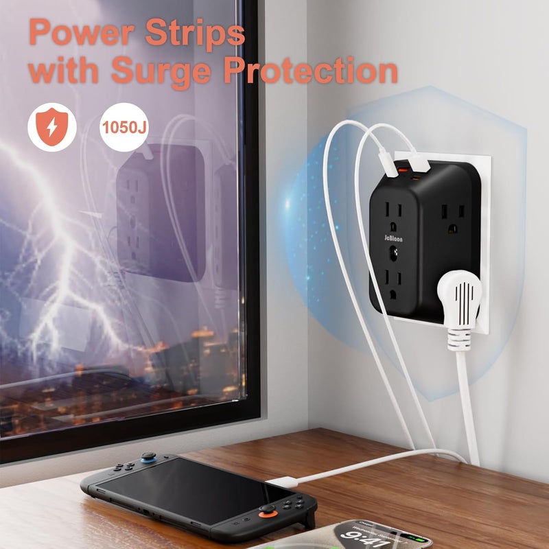 موزع طاقة مع شاحن حائط USB، واقي من زيادة التيار، مقسم 6 مخارج مع 4 منافذ USB، شريط طاقة رباعي الجوانب 1050J مع محول متعدد المخارج - Image 4