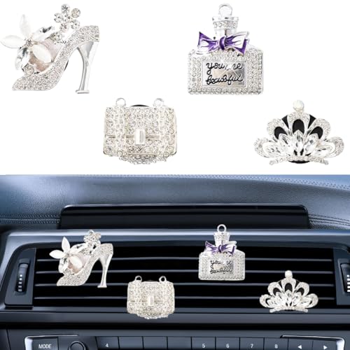 UHANBUT 4PCS Bling Car Air Vent Clip Crystal Rhinestone Heels Bag Crown Perfume Bottle Dashboard Air Vent Trim Clips Car Interior Outlet Diffuser Decoration Accessory for Women Silver - Image 1