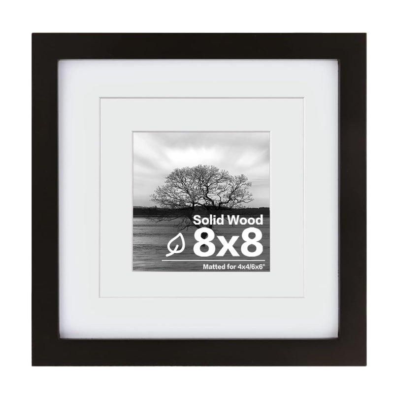 Egofine 8x8 Picture Frame Made of Solid Wood with Plexiglass Display Pictures 4x46x6 with Mat or 8x8 Without Mat for Tabletop and Wall Mounting Black