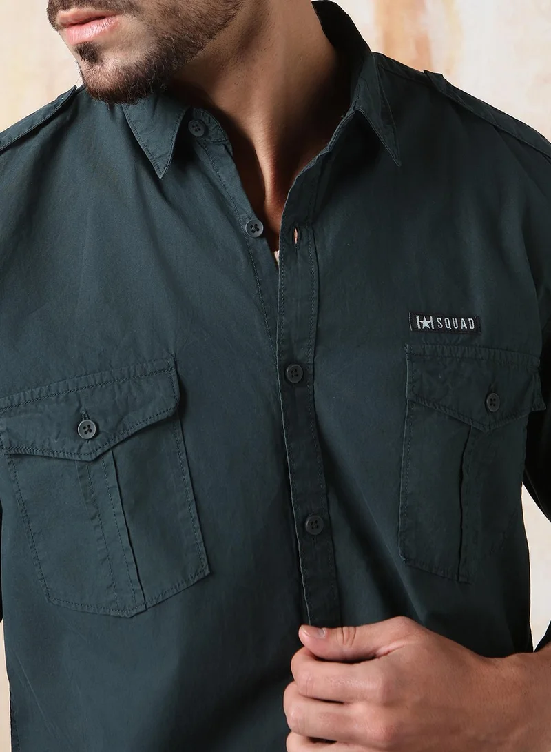 HIGH STAR Men Regular Fit Utility Heavy Washed Spread Collar Solid Cotton Casual Shirt
