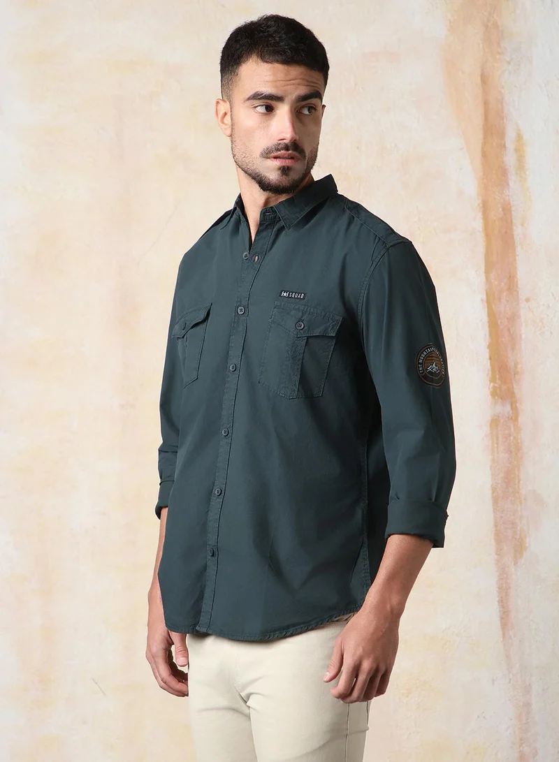 HIGH STAR Men Regular Fit Utility Heavy Washed Spread Collar Solid Cotton Casual Shirt