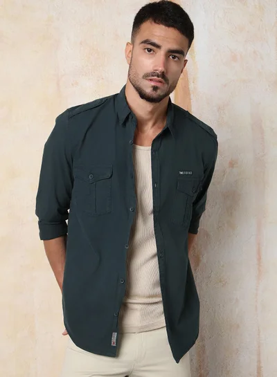 HIGH STAR Men Regular Fit Utility Heavy Washed Spread Collar Solid Cotton Casual Shirt