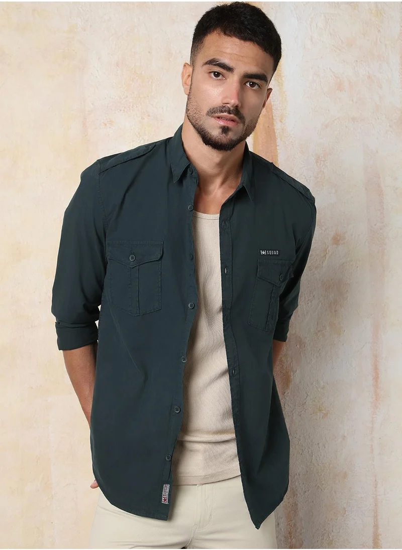 هاي ستار Men's Teal 100% Cotton Solid Button Down Regular Fit Shirt