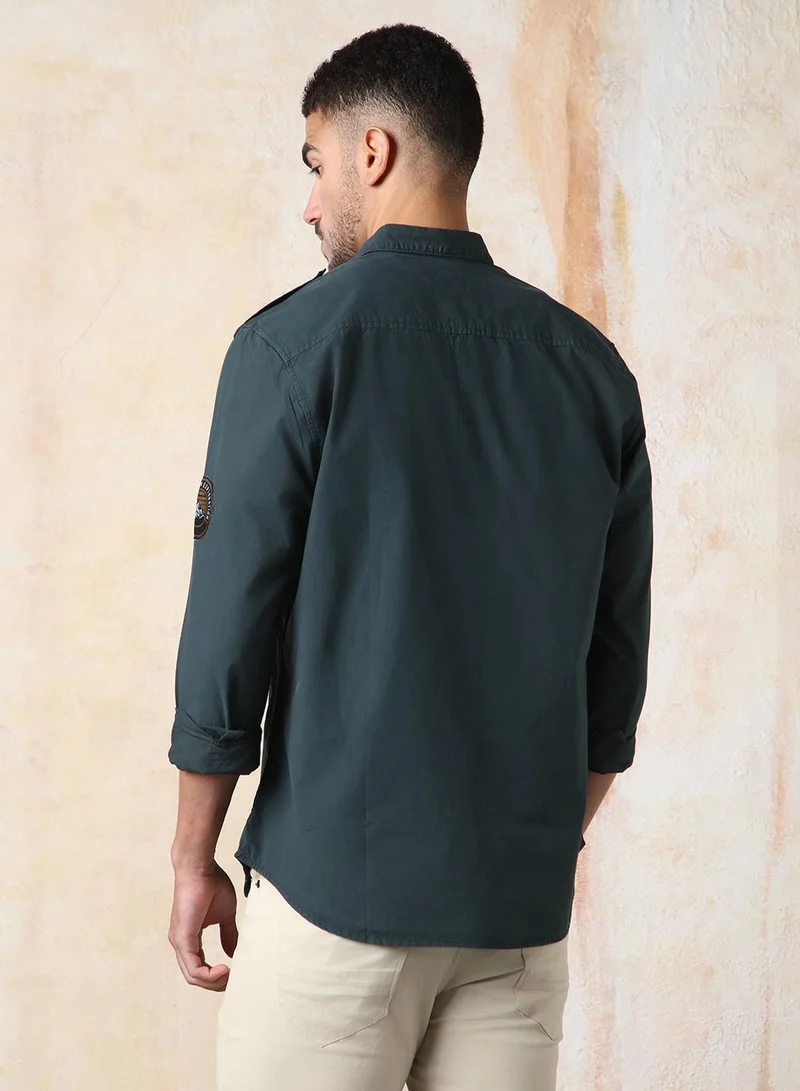 HIGH STAR Men Regular Fit Utility Heavy Washed Spread Collar Solid Cotton Casual Shirt