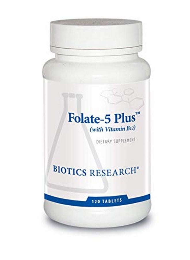 BIOTICS Research Folate 5 Plus High Potency Folate With B12. Methyl Support. 5 Milligram Natural And Whole Food Form Of Folate 18 B12 Pregnancy Nutrition Energy Support. Healthy Skin. 120 Tabs  - Image 1