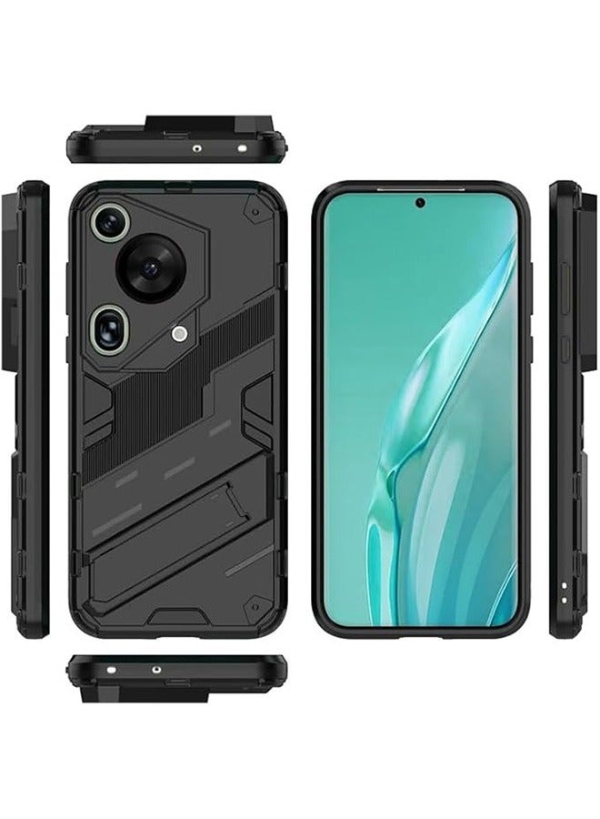 حالة متوافقة مع هواوي Pura 70 Ultra 5G, قضايا مقاومة للصدمات مع وقف التخفي الركيك ستاند, حماية السقوط المضادة, PC + TPU عالية الجودة واقية قوية غطاء الهاتف الصلب, أسود - Image 2