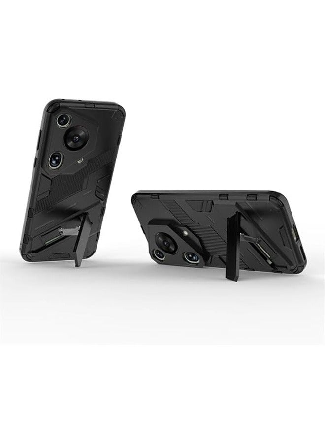 حالة متوافقة مع هواوي Pura 70 Ultra 5G, قضايا مقاومة للصدمات مع وقف التخفي الركيك ستاند, حماية السقوط المضادة, PC + TPU عالية الجودة واقية قوية غطاء الهاتف الصلب, أسود - Image 3