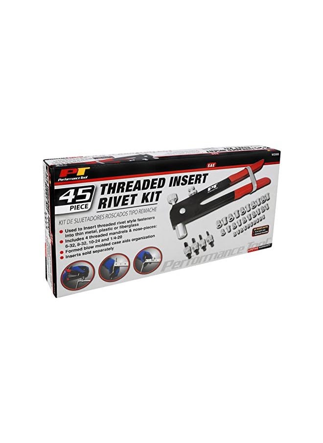 Performance Tool - مجموعة أدوات تثبيت المسامير W2006 SAE، أداة تثبيت المسامير، مسدس، مثبت مسامير يدوي، أدوات تثبيت المسامير مع 45 قطعة، صواميل مترية متضمنة -/32، 8-32، 10-24، 1/4-20 - Image 1