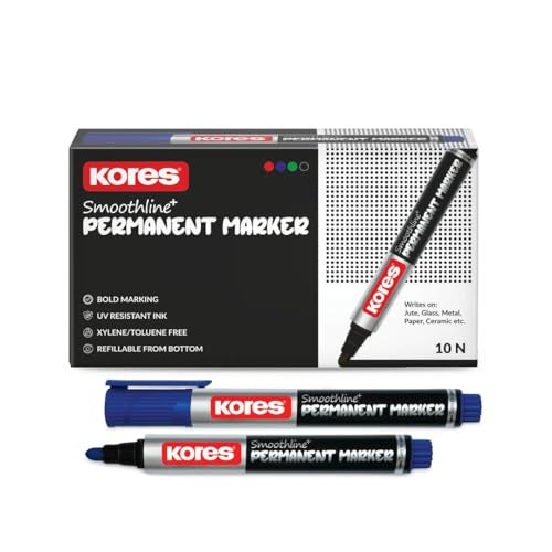 Kores Smoothline+ Permanent Marker Pen, Blue | Pack of 10 | Bold, Fade-Resistant & Quick-Dry Ink | Long-Lasting, Non-Toxic, Smooth Writing for Office, School & Home | - Image 3