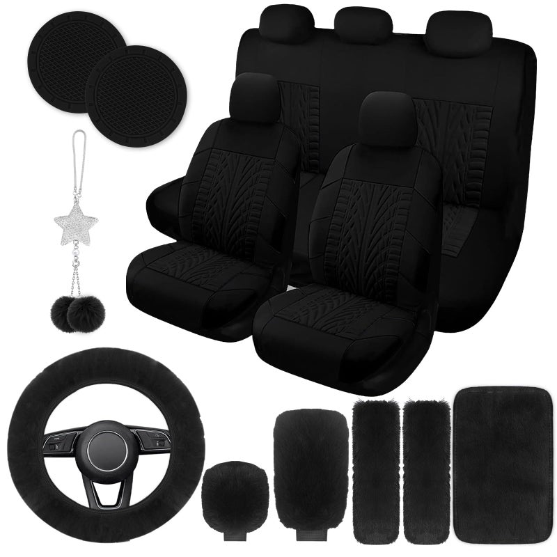 JINGSEN 17 Car Seat Cover Full Set for WomenUniversal Car Seat CoverPlush Steering Wheel CoverFluffy Soft Wool Handbrake GearSuspension Accessories Full SUVPatterned Black