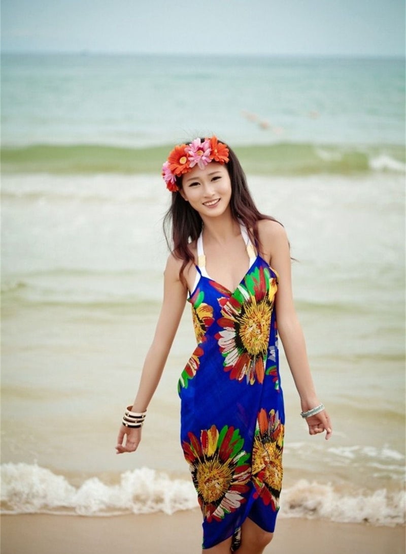 Loquat Women Summer Floral Chiffon Bikini Cover Up Beach Dress Swimwear Wrap Blue  - Image 1