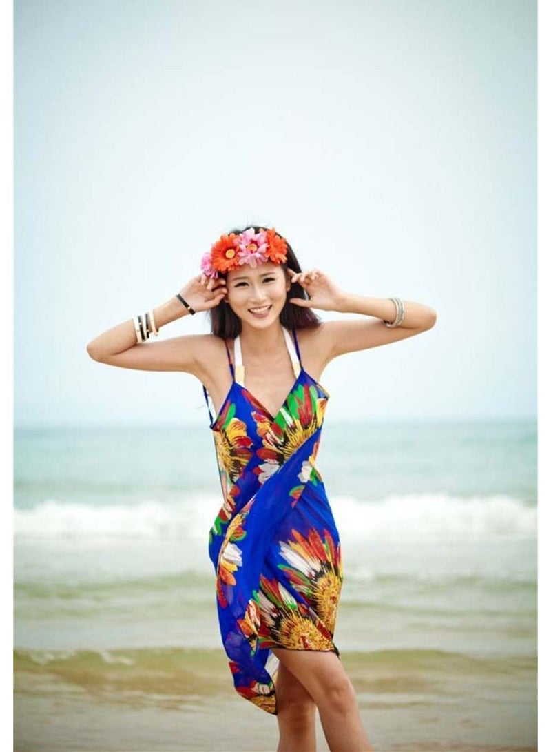 Loquat Women Summer Floral Chiffon Bikini Cover Up Beach Dress Swimwear Wrap Blue  - Image 3