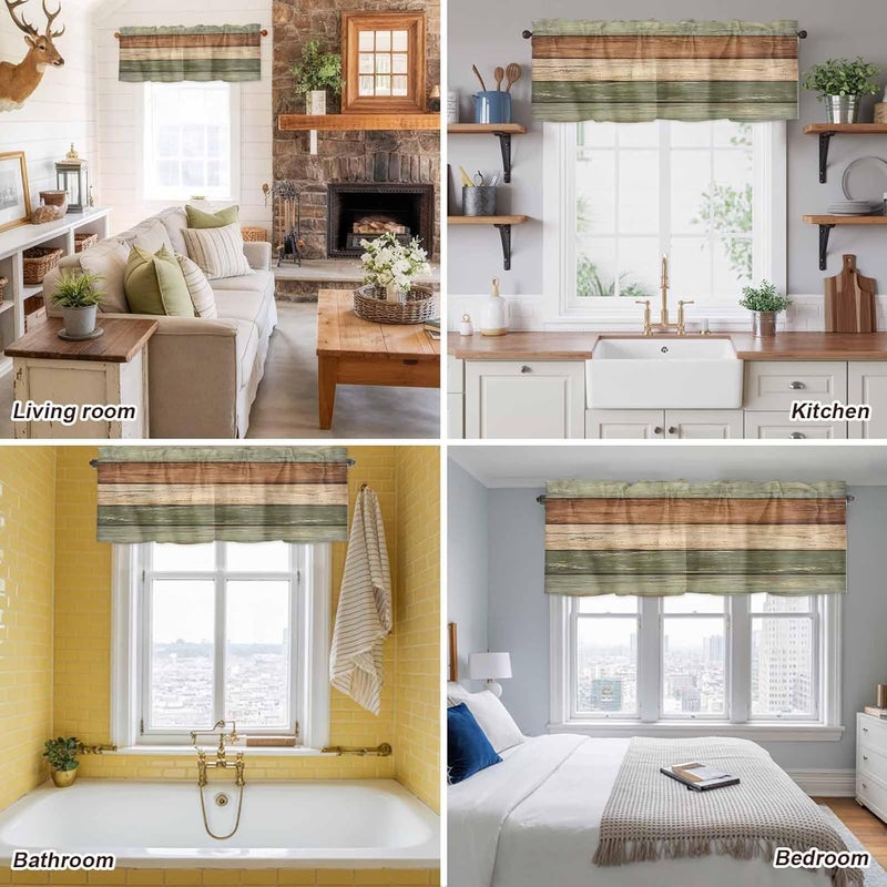 Farmhouse Sage Green Brown Valances for Windows, Short Curtains for Kitchen/Bathroom, Vintage Wooden Striped Rod Pocket Window Treatment for Living Room/Doorway/Bedroom/Cafe Decor Panel 54"x18" - Image 5