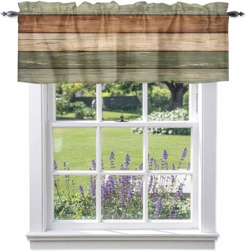 Farmhouse Sage Green Brown Valances for Windows, Short Curtains for Kitchen/Bathroom, Vintage Wooden Striped Rod Pocket Window Treatment for Living Room/Doorway/Bedroom/Cafe Decor Panel 54"x18" - Image 1