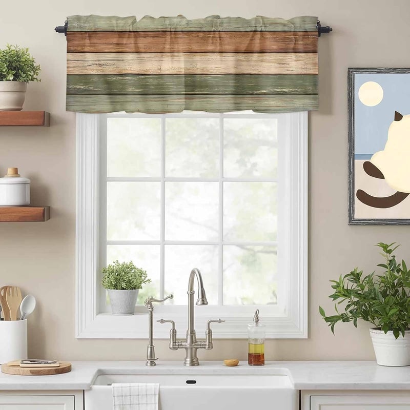 Farmhouse Sage Green Brown Valances for Windows, Short Curtains for Kitchen/Bathroom, Vintage Wooden Striped Rod Pocket Window Treatment for Living Room/Doorway/Bedroom/Cafe Decor Panel 54"x18" - Image 2