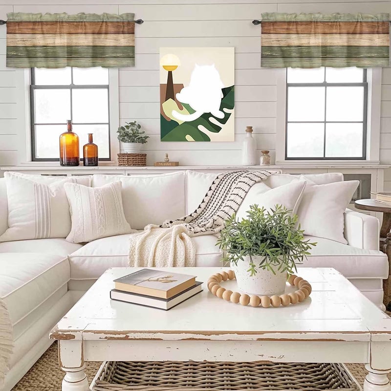 Farmhouse Sage Green Brown Valances for Windows, Short Curtains for Kitchen/Bathroom, Vintage Wooden Striped Rod Pocket Window Treatment for Living Room/Doorway/Bedroom/Cafe Decor Panel 54"x18" - Image 4