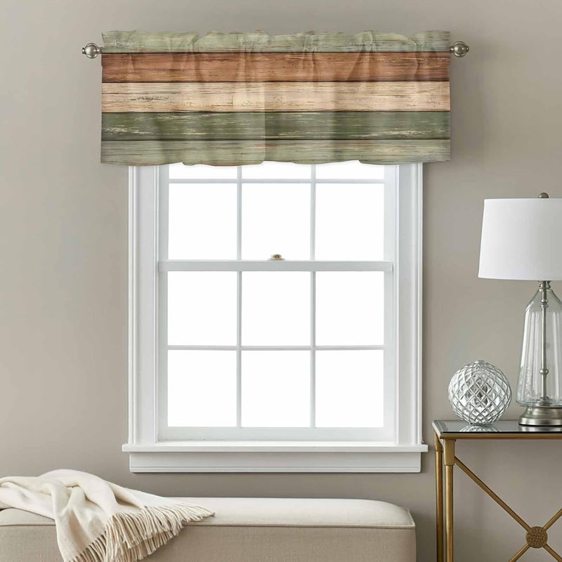 Farmhouse Sage Green Brown Valances for Windows, Short Curtains for Kitchen/Bathroom, Vintage Wooden Striped Rod Pocket Window Treatment for Living Room/Doorway/Bedroom/Cafe Decor Panel 54"x18" - Image 3