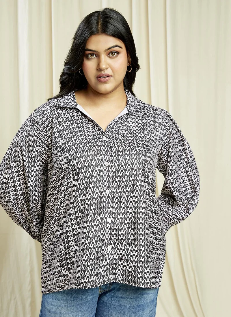 globus Globus Gloplus Women Black Collared Neck Puffed Cuff Sleeves Abstract Print Plus Size Shirt