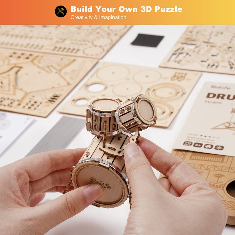 Rolife 3D Wooden Puzzles Model Kit for Adults and Teens to Build Musical Instrument Series (Drum kit) - Image 3