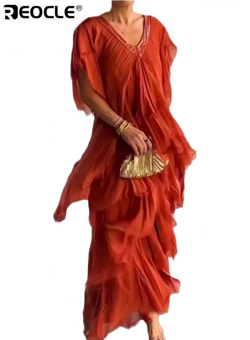 REOCLE Women's V Neck Short Sleeve Dress Versatile Casual Wear Slimming A Line Pleated Solid Color Pullover Maxi Dress with High Waist Design - Image 2