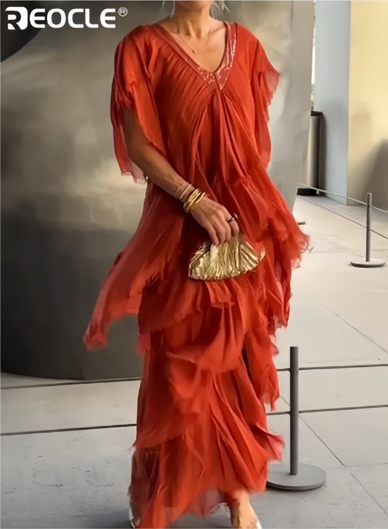 REOCLE Women's V Neck Short Sleeve Dress Versatile Casual Wear Slimming A Line Pleated Solid Color Pullover Maxi Dress with High Waist Design - Image 1