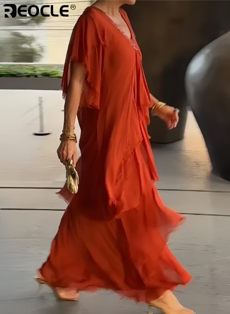 REOCLE Women's V Neck Short Sleeve Dress Versatile Casual Wear Slimming A Line Pleated Solid Color Pullover Maxi Dress with High Waist Design - Image 3