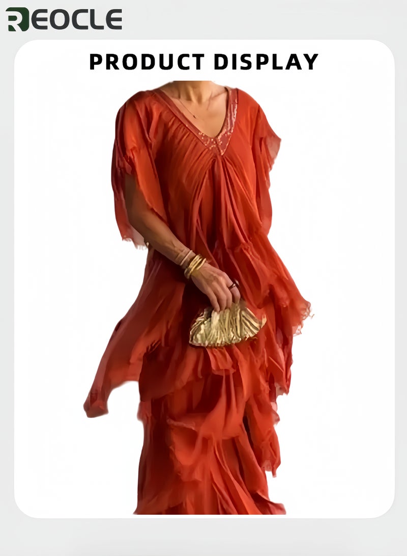 REOCLE Women's V Neck Short Sleeve Dress Versatile Casual Wear Slimming A Line Pleated Solid Color Pullover Maxi Dress with High Waist Design - Image 4