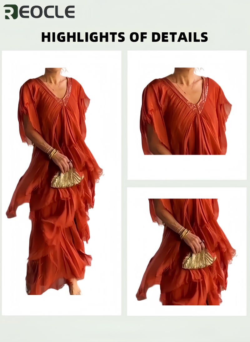 REOCLE Women's V Neck Short Sleeve Dress Versatile Casual Wear Slimming A Line Pleated Solid Color Pullover Maxi Dress with High Waist Design - Image 5