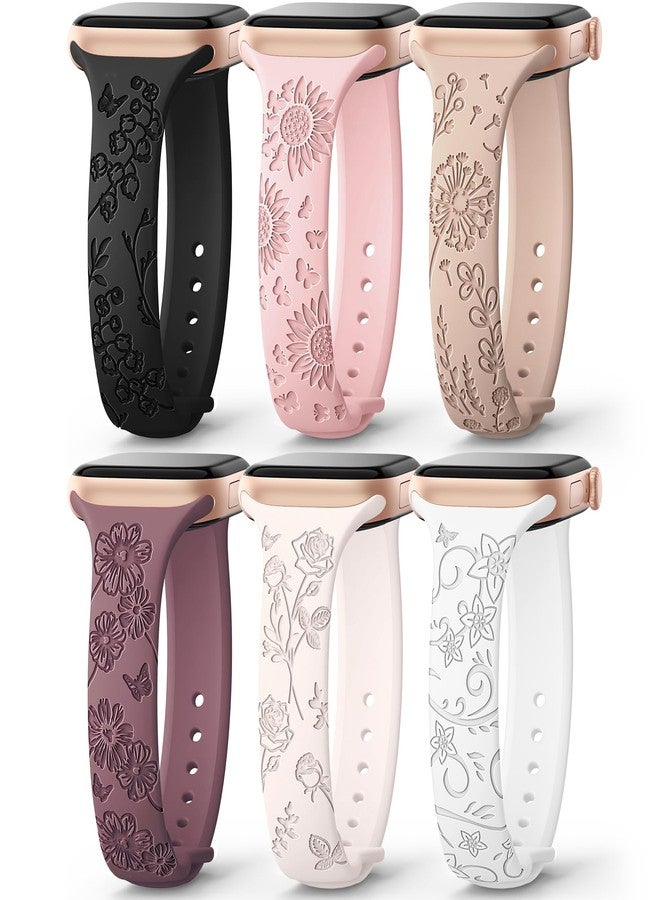 امسكاي مجموعة AMSKY من 6 أساور رفيعة محفورة بنقوش زهرية، متوافقة مع ساعات Apple Watch بمقاسات 40 مم، 41 مم، 42 مم، 38 مم، 44 مم، 45 مم، 46 مم، 49 مم، للنساء. سوار رياضي أنيق من السيليكون لساعات iWatch Series 10 Ultra و9 و8 و7 و6 و5 و4 و3 و2 و1 وSE. - Image 1