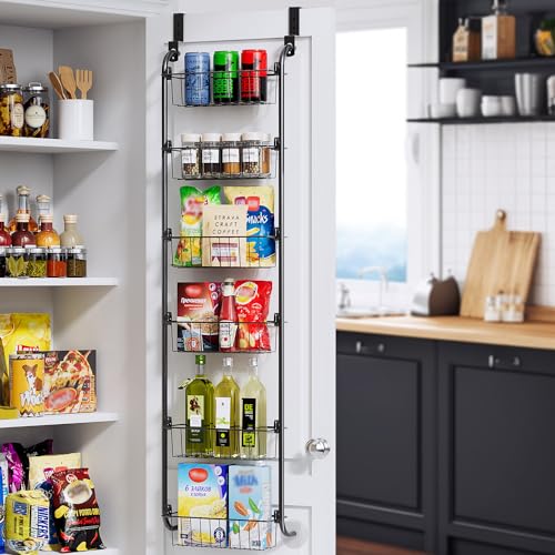 Delamu Narrow Over the Door Pantry Organizer, 6-Tier Metal Pantry Door Organization and Storage for Easy Install, Hanging Spice Rack Seasoning Shelves for Cabinet & Kitchen, D5 x W13 x H50 inch, Black - Image 1