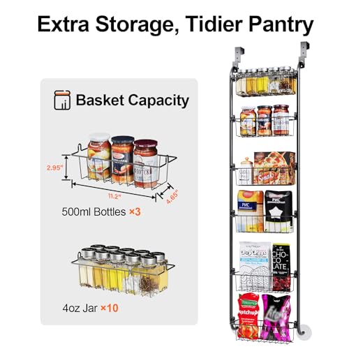Delamu Narrow Over the Door Pantry Organizer, 6-Tier Metal Pantry Door Organization and Storage for Easy Install, Hanging Spice Rack Seasoning Shelves for Cabinet & Kitchen, D5 x W13 x H50 inch, Black - Image 4
