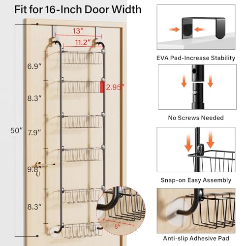 Delamu Narrow Over the Door Pantry Organizer, 6-Tier Metal Pantry Door Organization and Storage for Easy Install, Hanging Spice Rack Seasoning Shelves for Cabinet & Kitchen, D5 x W13 x H50 inch, Black - Image 2