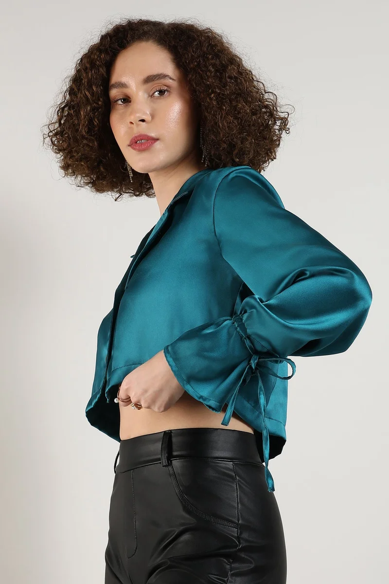 Pinacolada  Women's Teal Green Satin Boxy Crop Shirt for Women | Best Price UAE