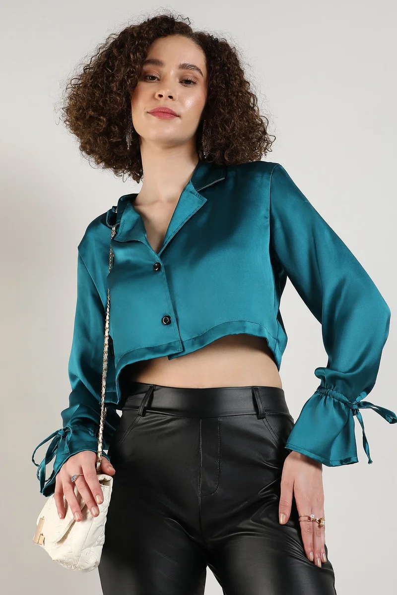 Campus Sutra Women's Teal Green Satin Boxy Crop Shirt