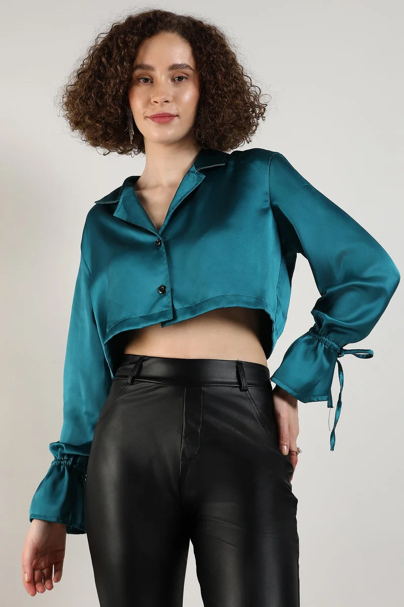 Campus Sutra Women's Teal Green Satin Boxy Crop Shirt