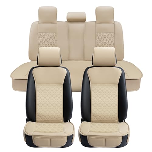 Elantrip Car Seat Cover Full Set Leather Car Seat Protector Universal fit for Most Cars SUVs and Trucks Water Proof Front and Rear Seat Protector Beige - Image 1
