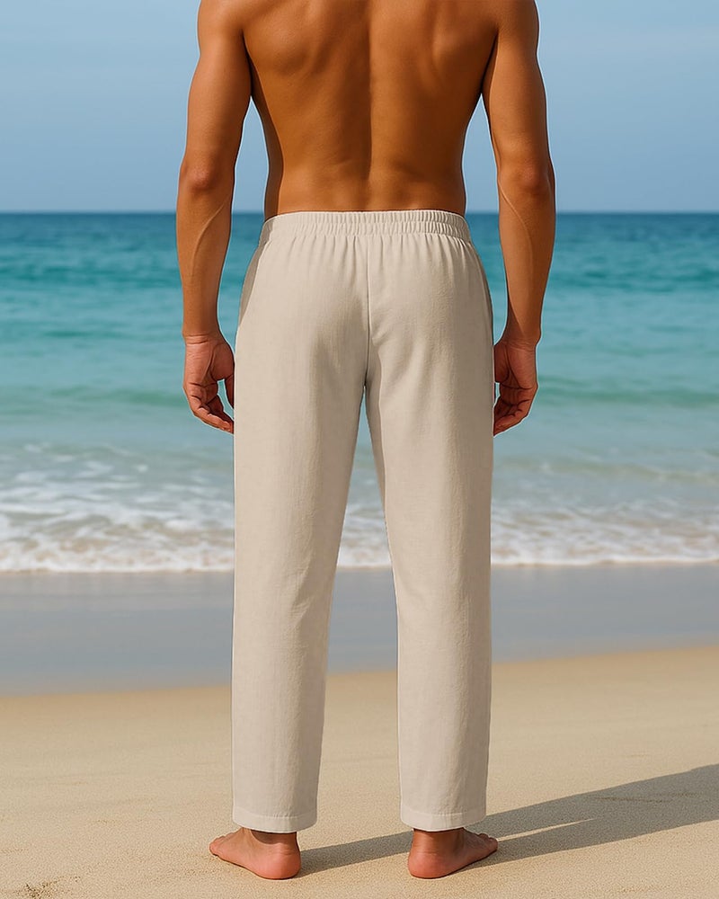 PIDOGYM Mens Cotton Linen Pants, Summer Beach Pants Casual Loose Fit with Elastic Waist Drawstring Light Khaki - Image 5