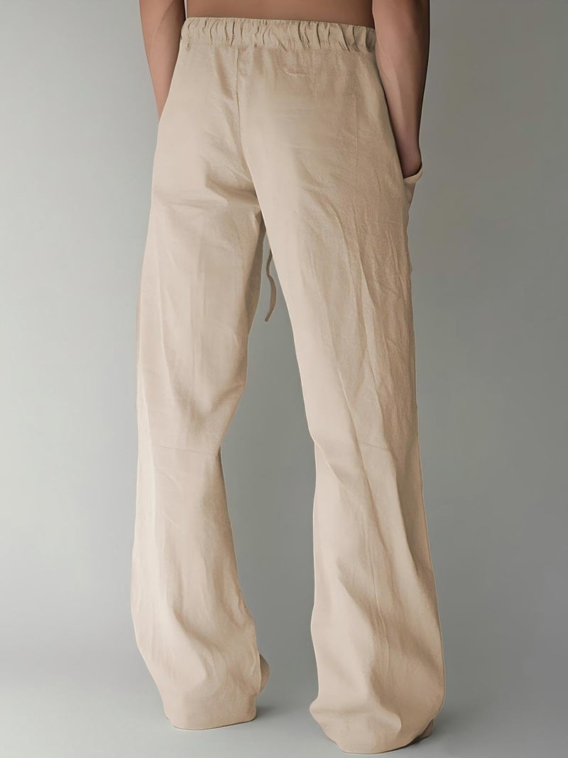 PIDOGYM Mens Cotton Linen Pants, Summer Beach Pants Casual Loose Fit with Elastic Waist Drawstring Light Khaki - Image 3