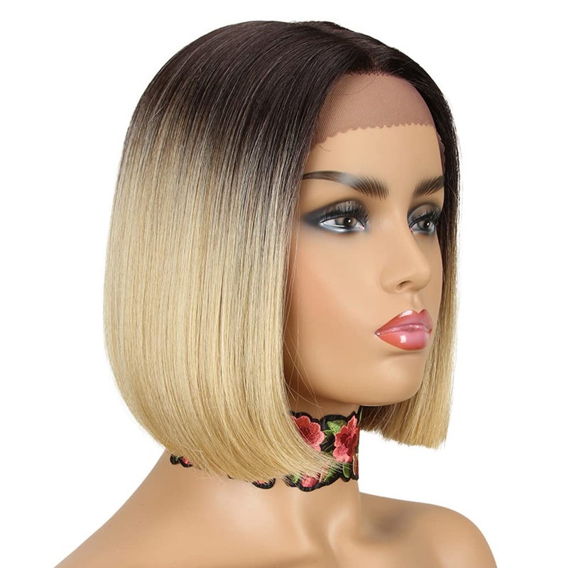 NOBLE Blonde Ombre Bob Wigs for Women Short Straight T Part HD Lace Front Wigs 150 Density Blunt Cut Bob Wig Heat Resistant Synthetic Ombre Blonde Bob Wigs for Daily Party Use 10 inches - Image 2