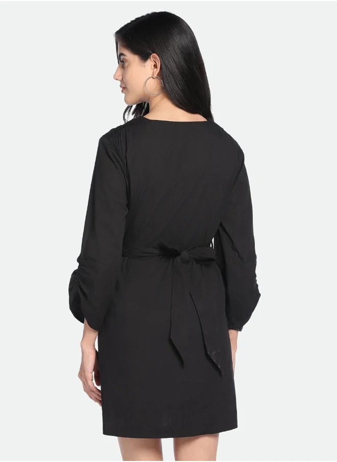 دينيس لينغو Regular Fit Black Poplin Dress V-Neck