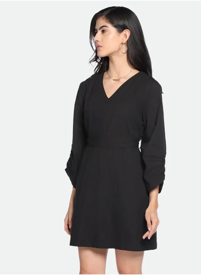 دينيس لينغو Regular Fit Black Poplin Dress V-Neck