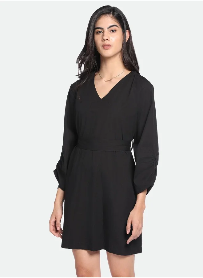 دينيس لينغو Regular Fit Black Poplin Dress V-Neck
