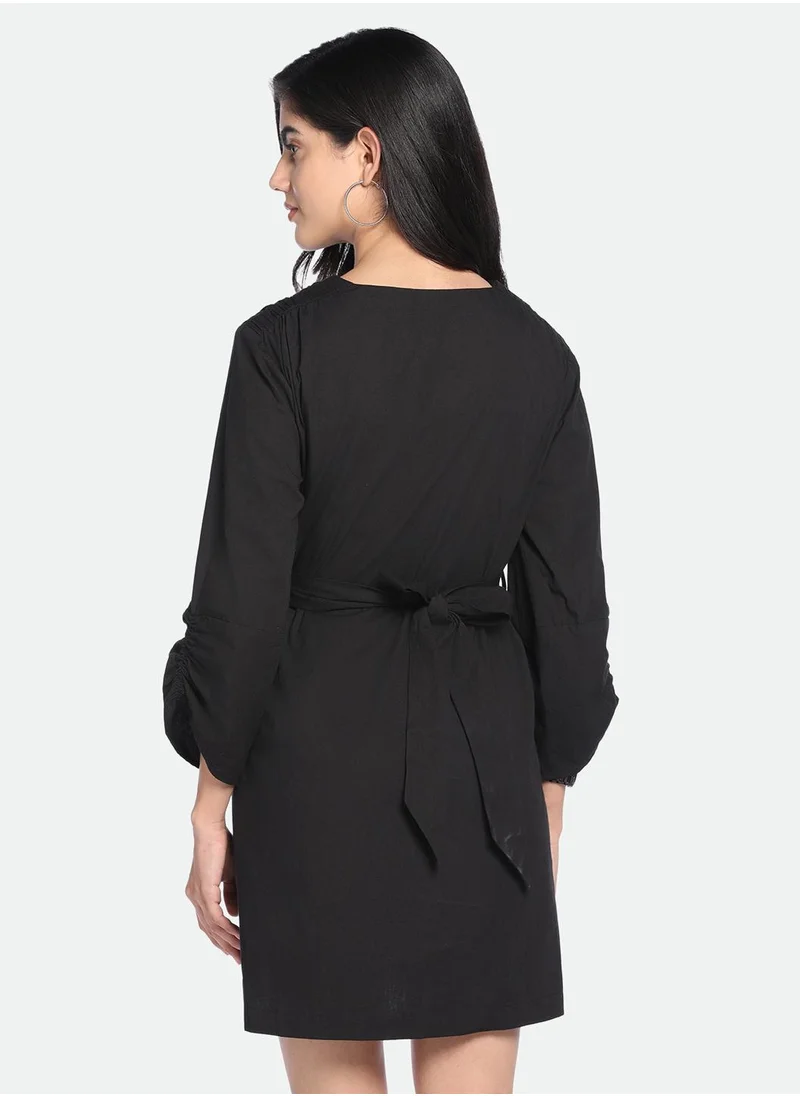 دينيس لينغو Regular Fit Black Poplin Dress V-Neck