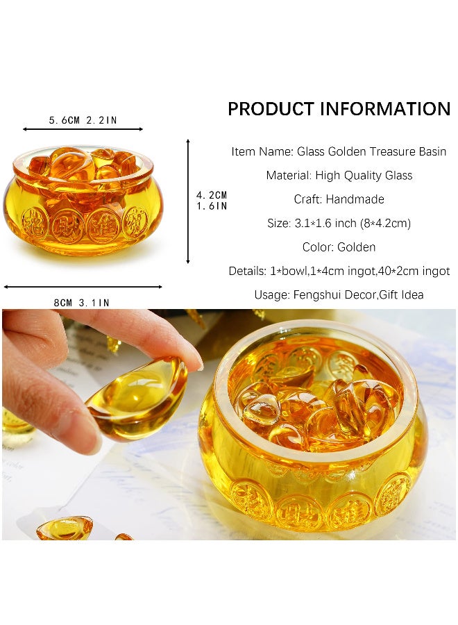 3-Inch Handmade Crystal Glass Golden Treasure Basin with Ingots for Feng Shui Home Office  Decor - Image 2