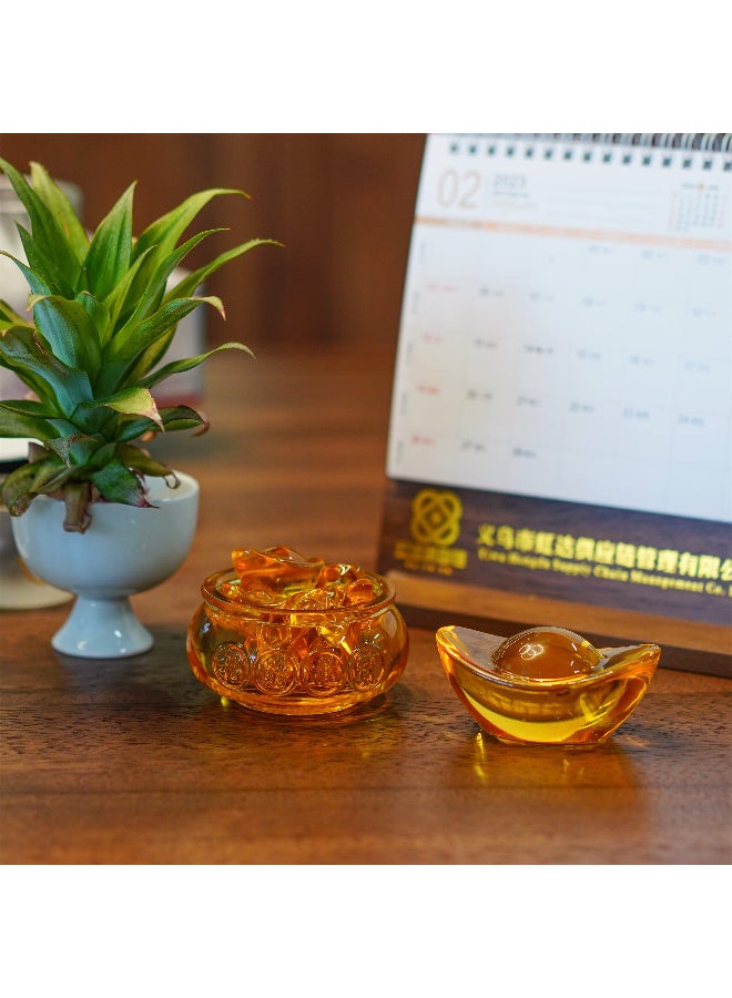 3-Inch Handmade Crystal Glass Golden Treasure Basin with Ingots for Feng Shui Home Office  Decor - Image 5