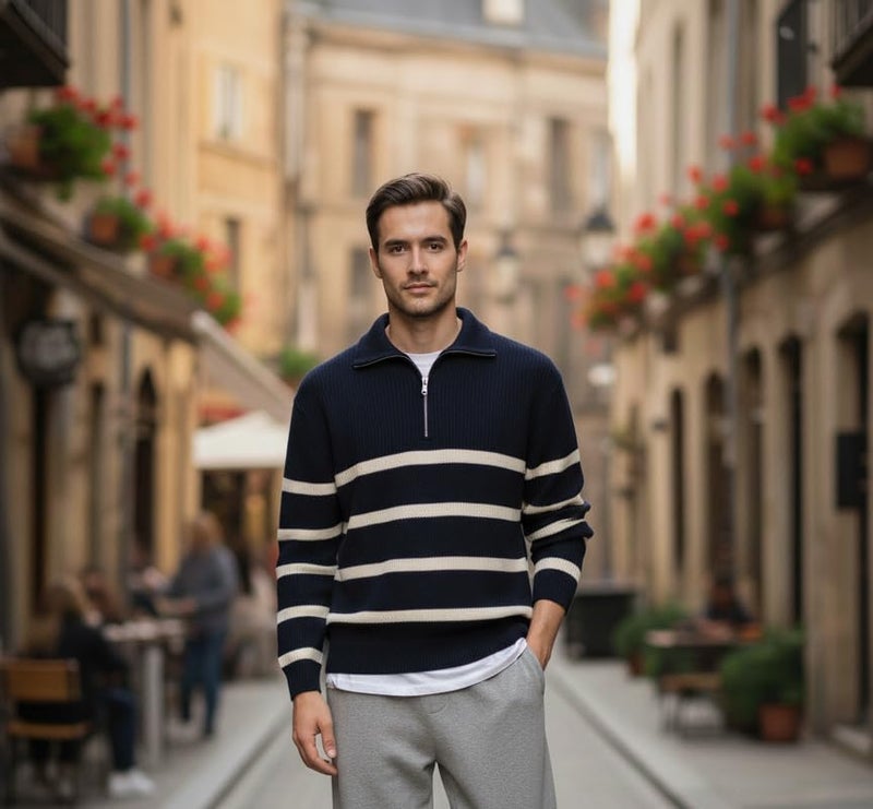 Pivl Men's Winter Half Zip Striped Sweater_Navy-XL - Image 2
