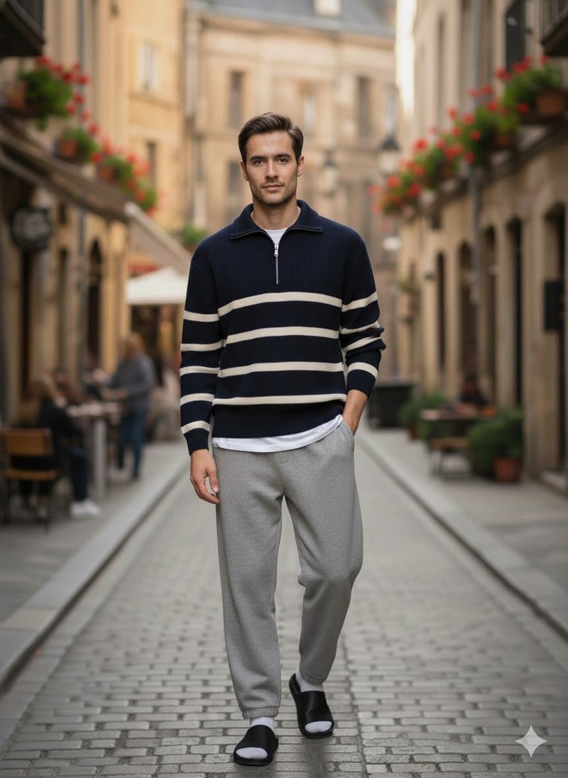 Pivl Men's Winter Half Zip Striped Sweater_Navy-XL - Image 3