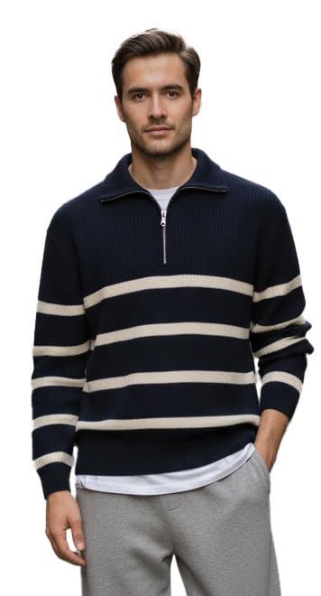 Pivl Men's Winter Half Zip Striped Sweater_Navy-XL - Image 5