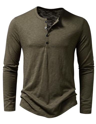 PARKLEES Men's Casual Stretchy Long Sleeve Henley T-Shirt Front Placket Muscle Workout Athletic 4 Buttons Tee Tops Army Green X-Large - Image 1